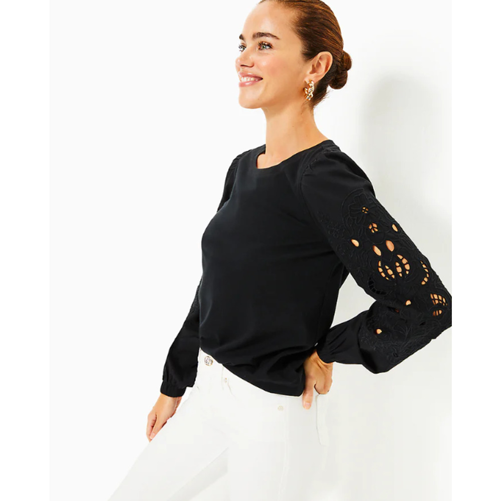 LILLY PULITZER Womens Isley Knit Top Large Black Long Eyelet Sleeves NWT - Picture 2 of 15